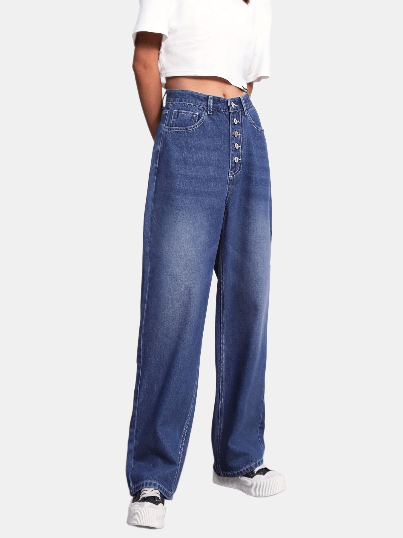 Button Fly Whiskering Straight Leg Jeans High Waist Casual Denim Pants