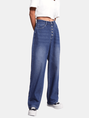 Button Fly Whiskering Straight Leg Jeans High Waist Casual Denim Pants