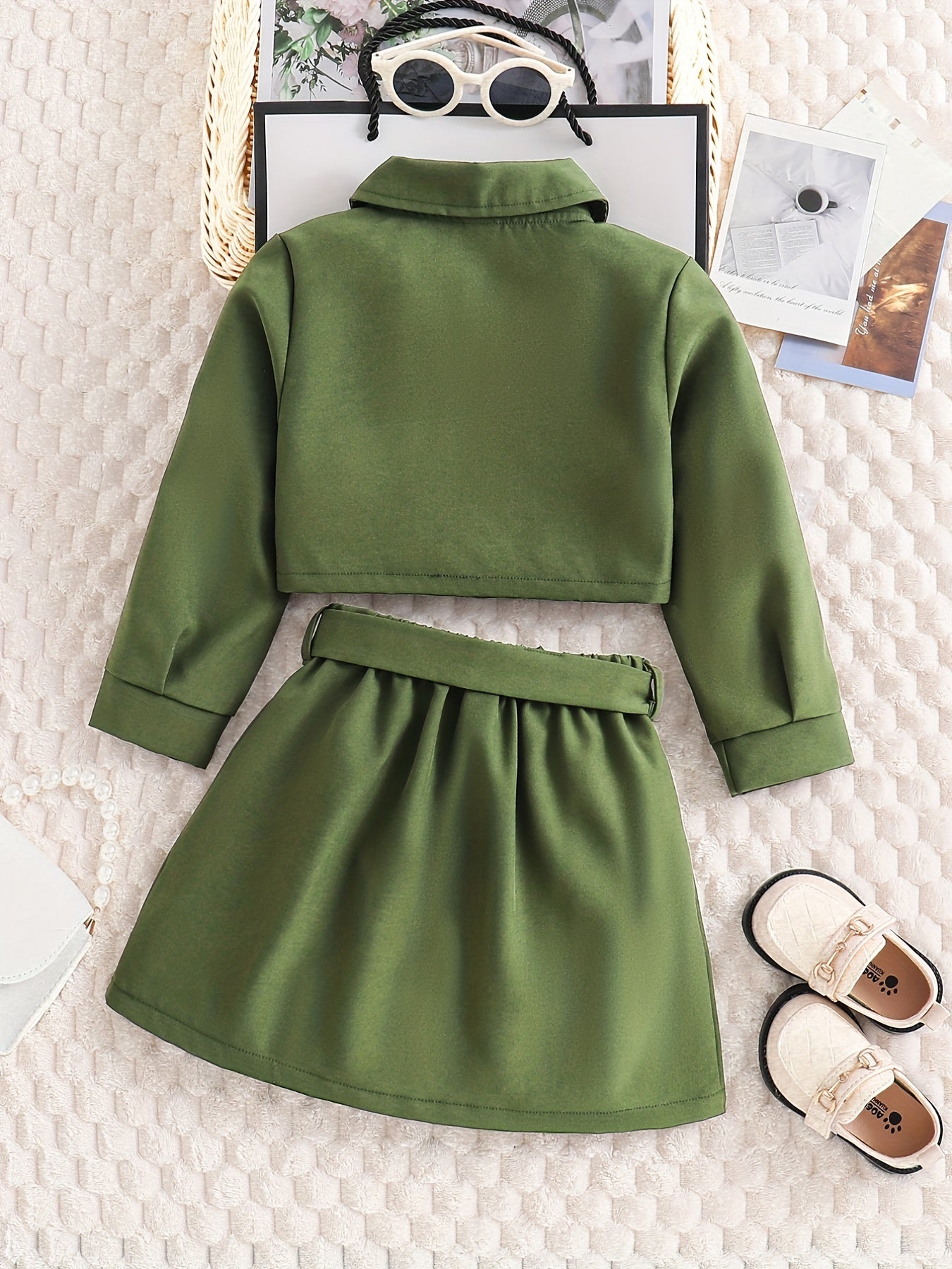 Girl's 2pcs Button Front Jacket & Belted Skirt Set for Spring Autumn