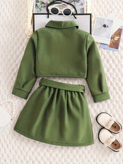 Girl's 2pcs Button Front Jacket & Belted Skirt Set for Spring Autumn