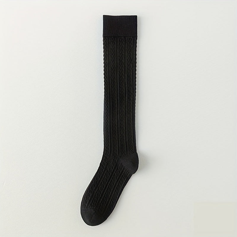 Solid Textured Calf Socks College Style Knee High Socks Women's Stocki
