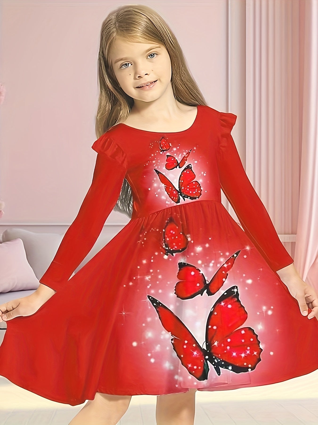 Sweet Girls Butterfly Graphic Long Sleeve Dress Spring Fall