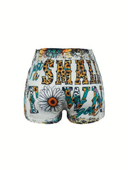 Letter & Sunflower Print Skinny Shorts
