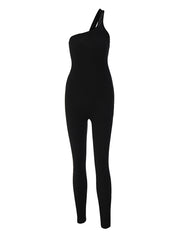 One Shoulder Ribbed Knitting Catsuit for Women