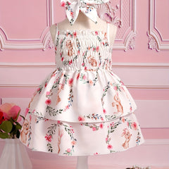 Cute Bunny & Flower Print Puffy Cami Gown Dress
