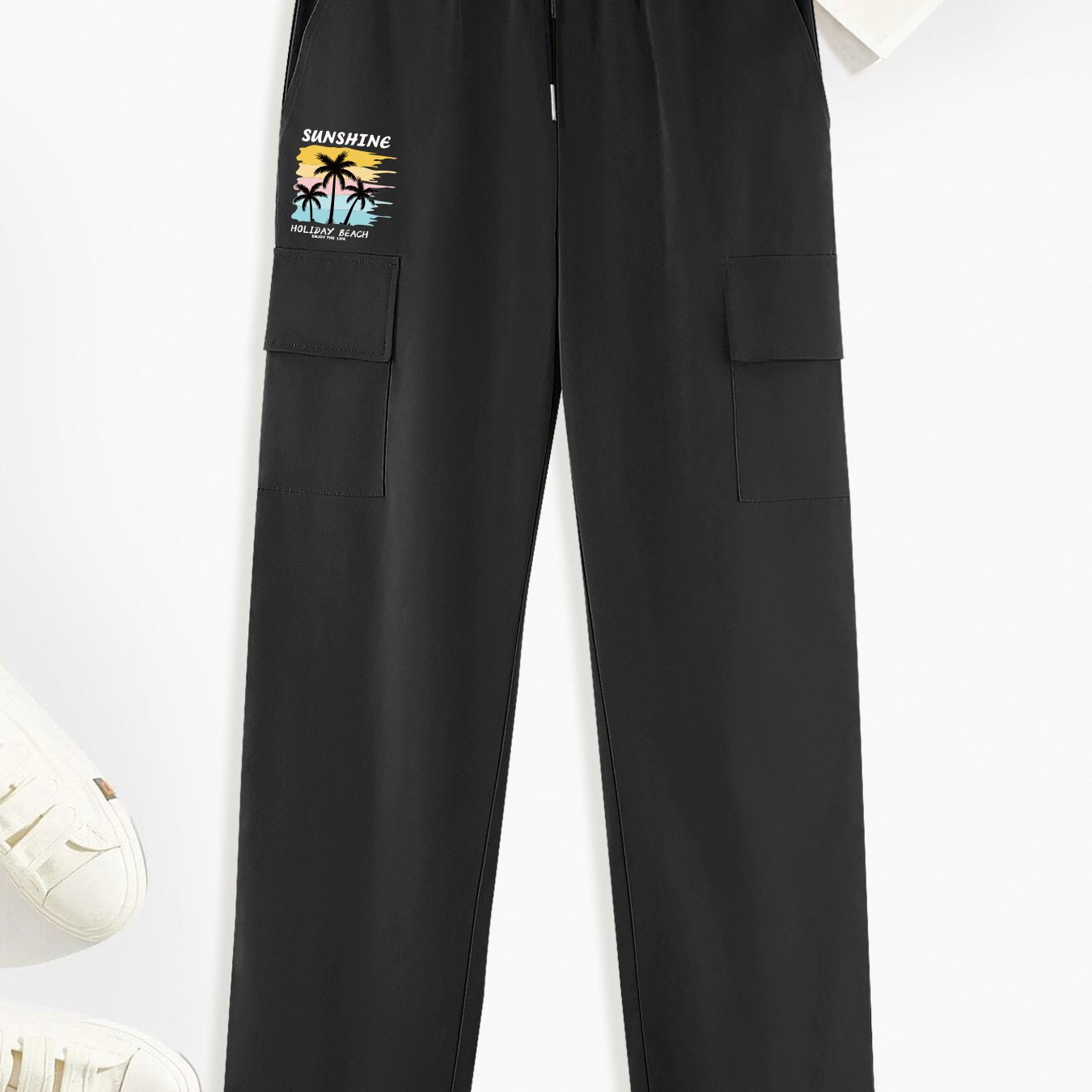 Coconut Palm Pattern Print Cargo Pants Men's Drawstring Outdoor Pants