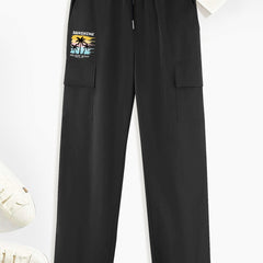 Coconut Palm Pattern Print Cargo Pants Men's Drawstring Outdoor Pants