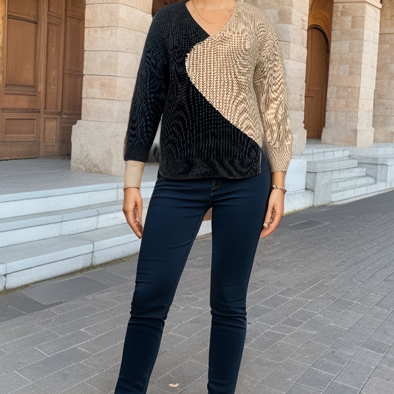 Women's Plus Size Colorblock V-Neck Knit Sweater