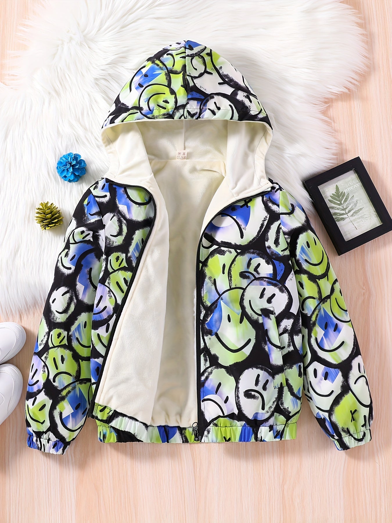 Boy's Happy Face Fleece Jacket Zip Hood Windproof Warm Top