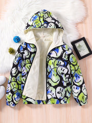 Boy's Happy Face Fleece Jacket Zip Hood Windproof Warm Top