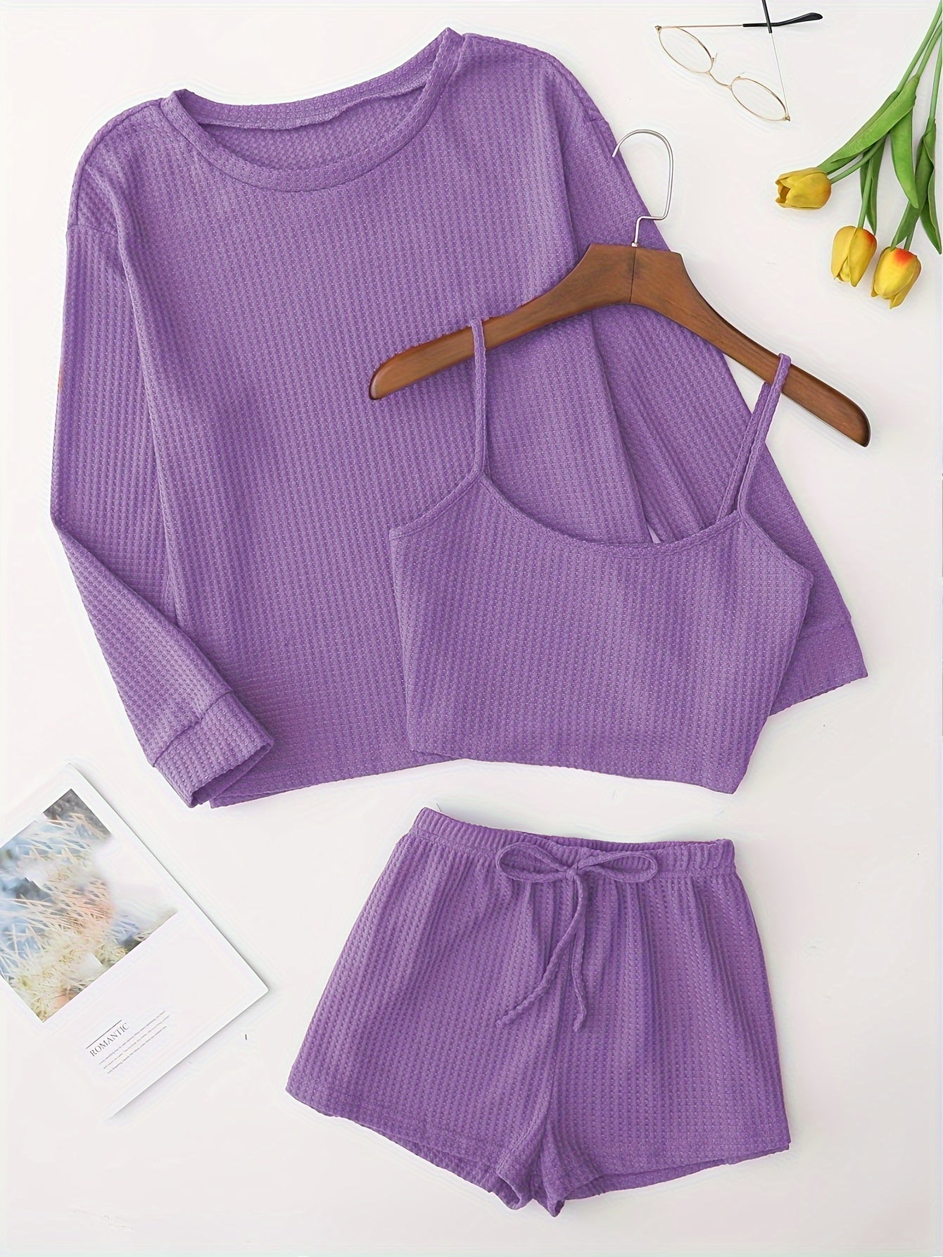 Solid Pajama Set Long Sleeve Top & Cami Top & Shorts