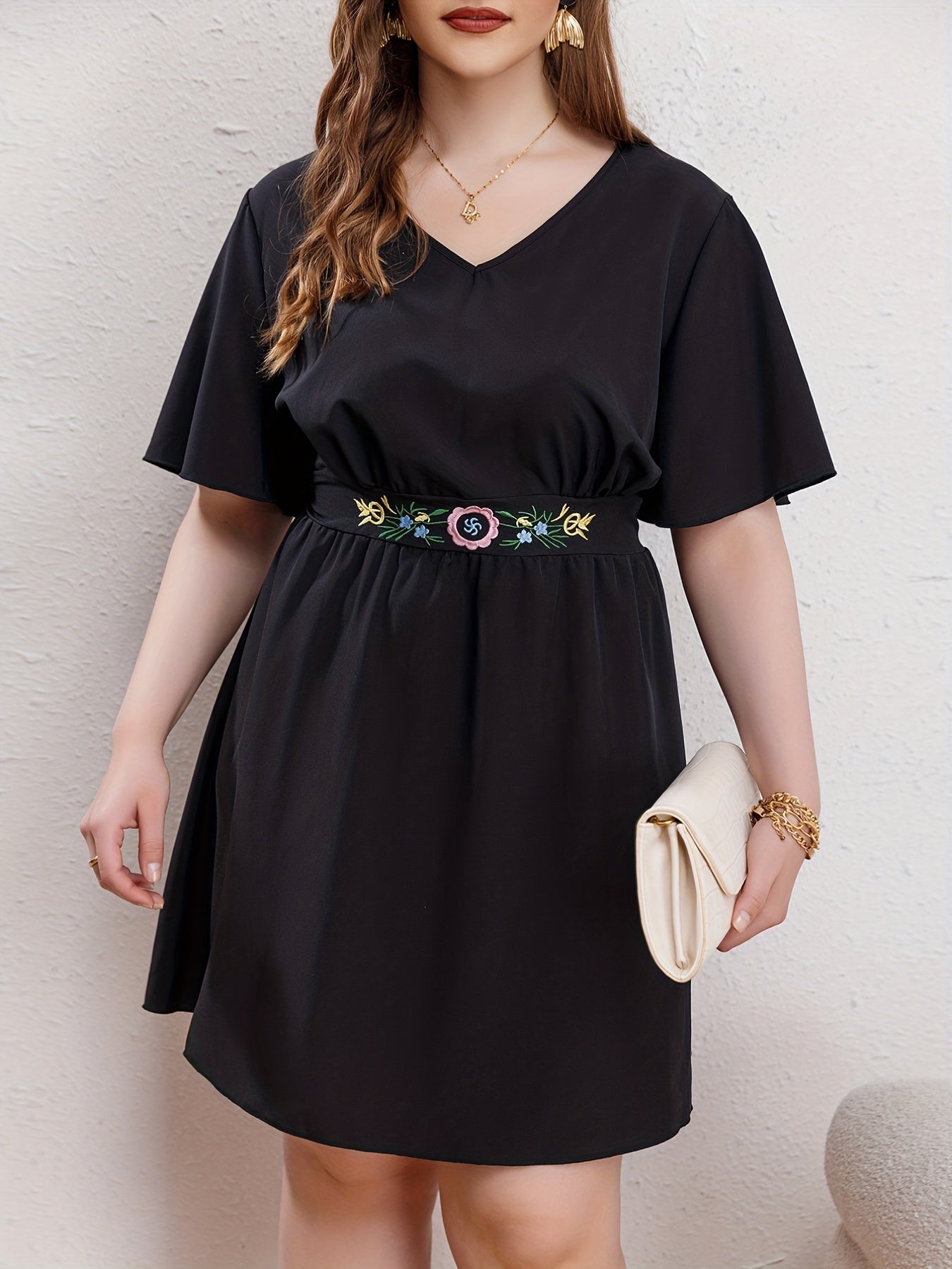 Floral Embroidered Ruffle Sleeve V Neck Dress
