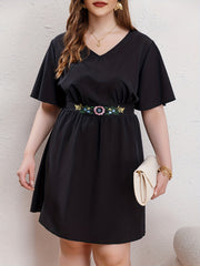 Floral Embroidered Ruffle Sleeve V Neck Dress