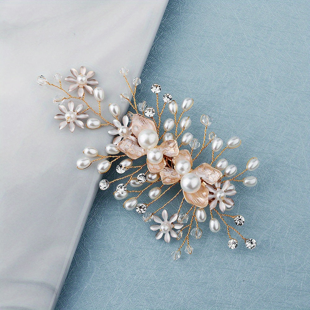 Flower Charm Braided Hair Clip Rhinestone & Faux Pearl Decor Barrette