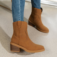 Floral Embroidered Western Boots Chunky Heel Shoes
