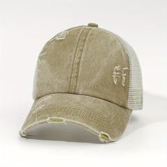 Distressed Ponytail Trucker Hat Adjustable Baseball Cap