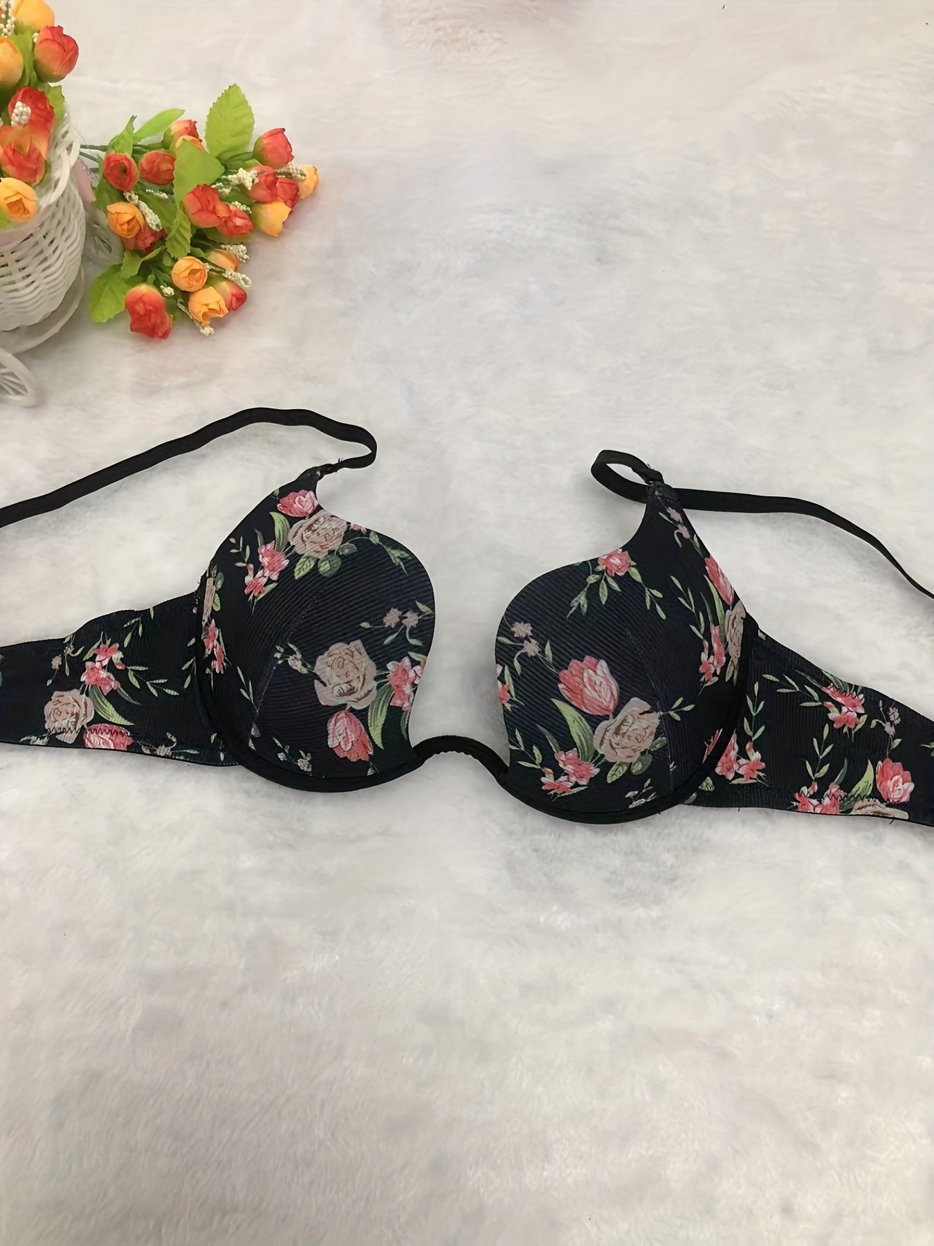 Floral Print Scoop Bra Comfy Push-Up Lingerie