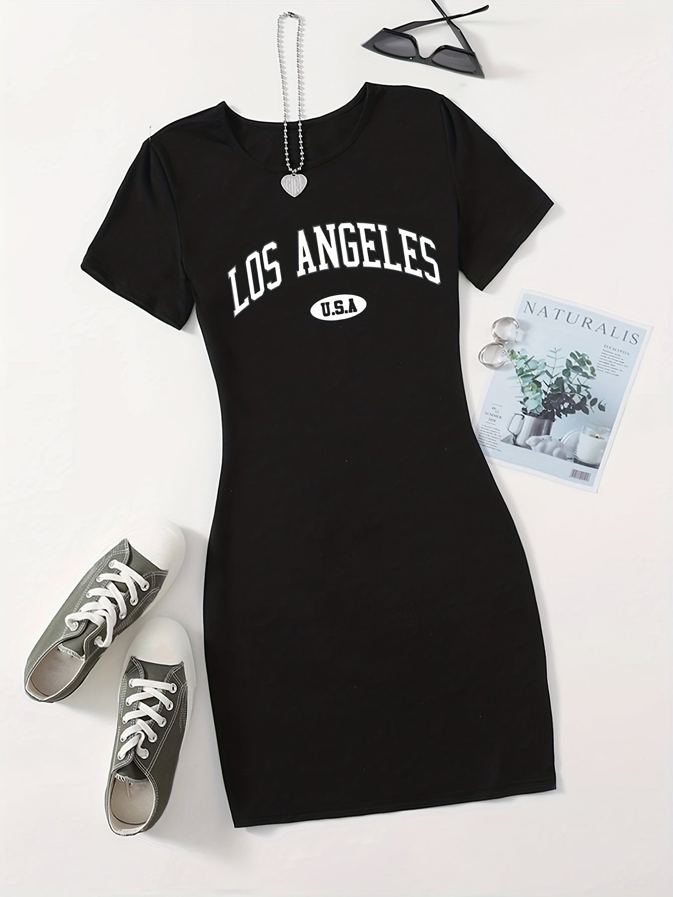 Letter Print Bodycon Dress Crew Neck Short Sleeve Casual Dress