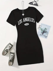 Letter Print Bodycon Dress Crew Neck Short Sleeve Casual Dress