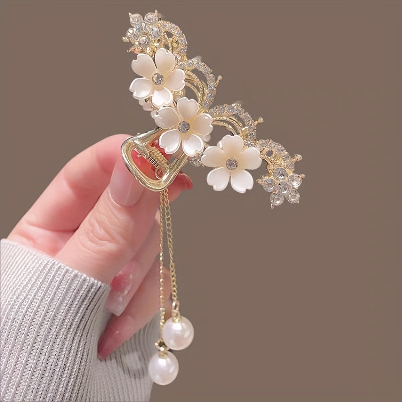 Camellia Rhinestones Faux Pearl Tassel Hair Clip & Metal Hair Clip