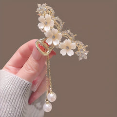 Camellia Rhinestones Faux Pearl Tassel Hair Clip & Metal Hair Clip