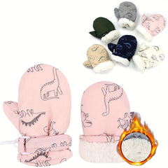 Kids Winter Dinosaur Skiing Mittens Plush Cartoon Warm Gloves