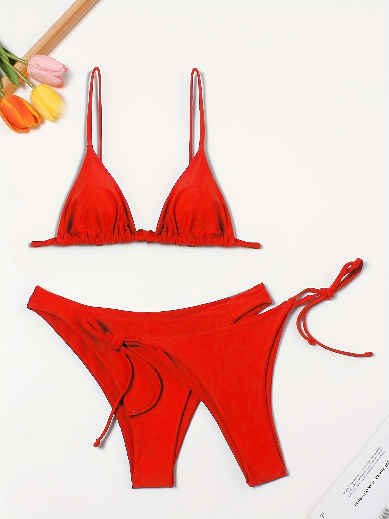 V Neck Spaghetti Straps Bikini Set Ruched High Cut Swimsuit 3 Piece Set