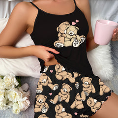 Bear Print Pajama Set Cami Top & Shorts