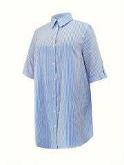 Stripe Print Roll Up Sleeve Button Up Shirt Dress