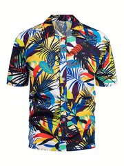 Men's Leaf Print Beach Shirt - Casual Short Sleeves for Summer