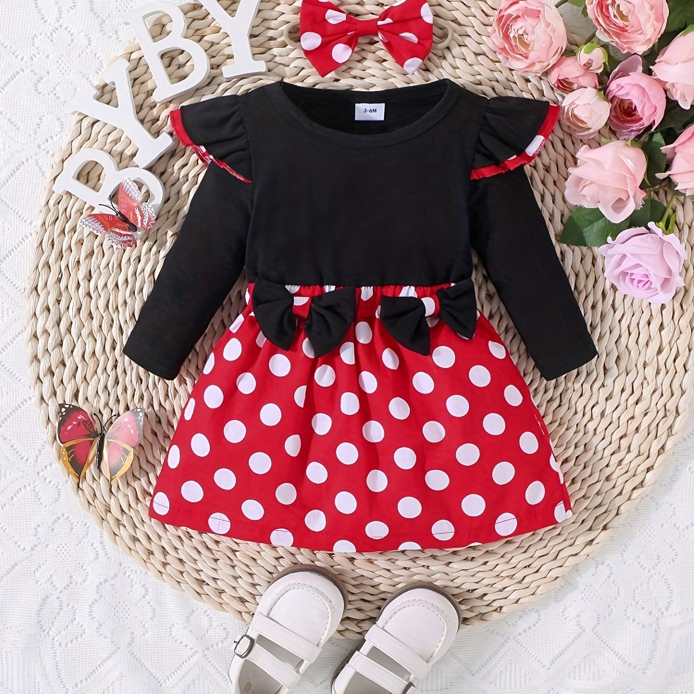 Toddler Girl's Polka Dot Print Dress & Headwear Set