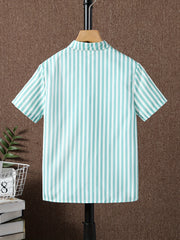 Stripe Graphic Print Boys Top Short Sleeve Lapel Shirt