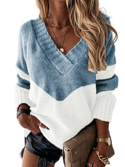 Block Knit Sweater V Neck Long Sleeve Women's Clothing