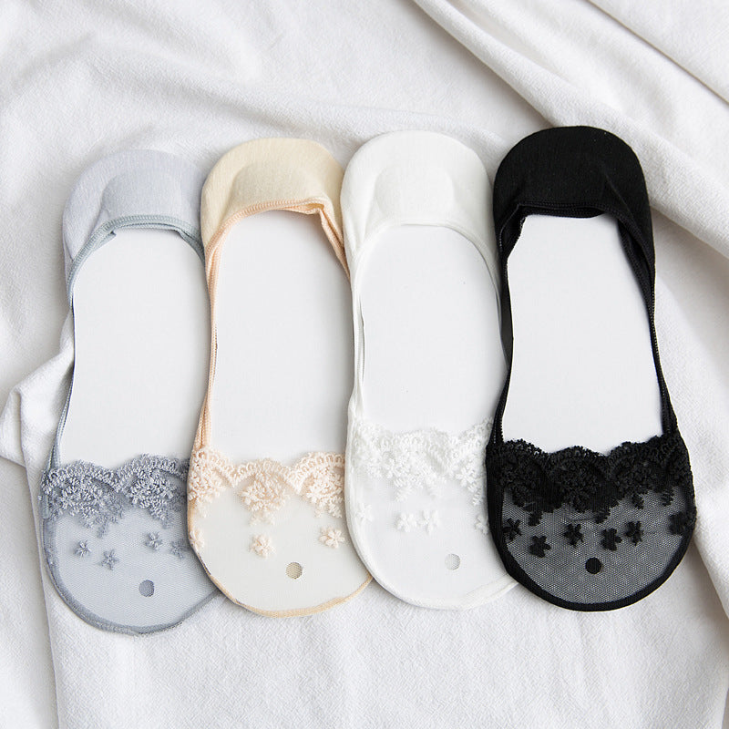 4 Pairs Lace Invisible Socks Ultra thin Breathable Non slip Boat Socks