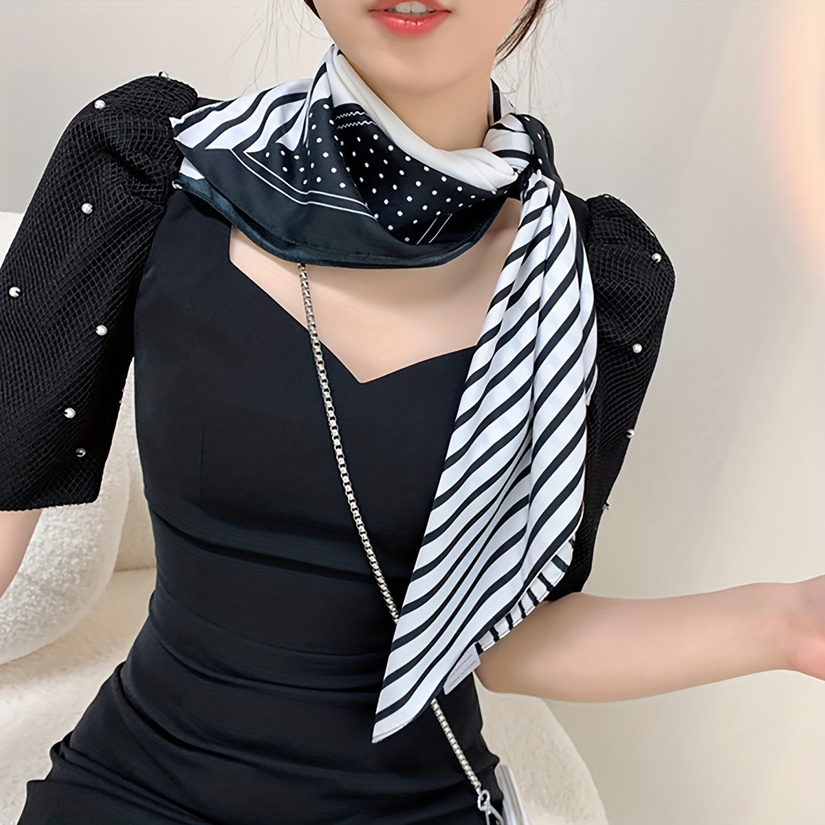 Stripe Dot Print Silk Square Scarf Bandana Shawl