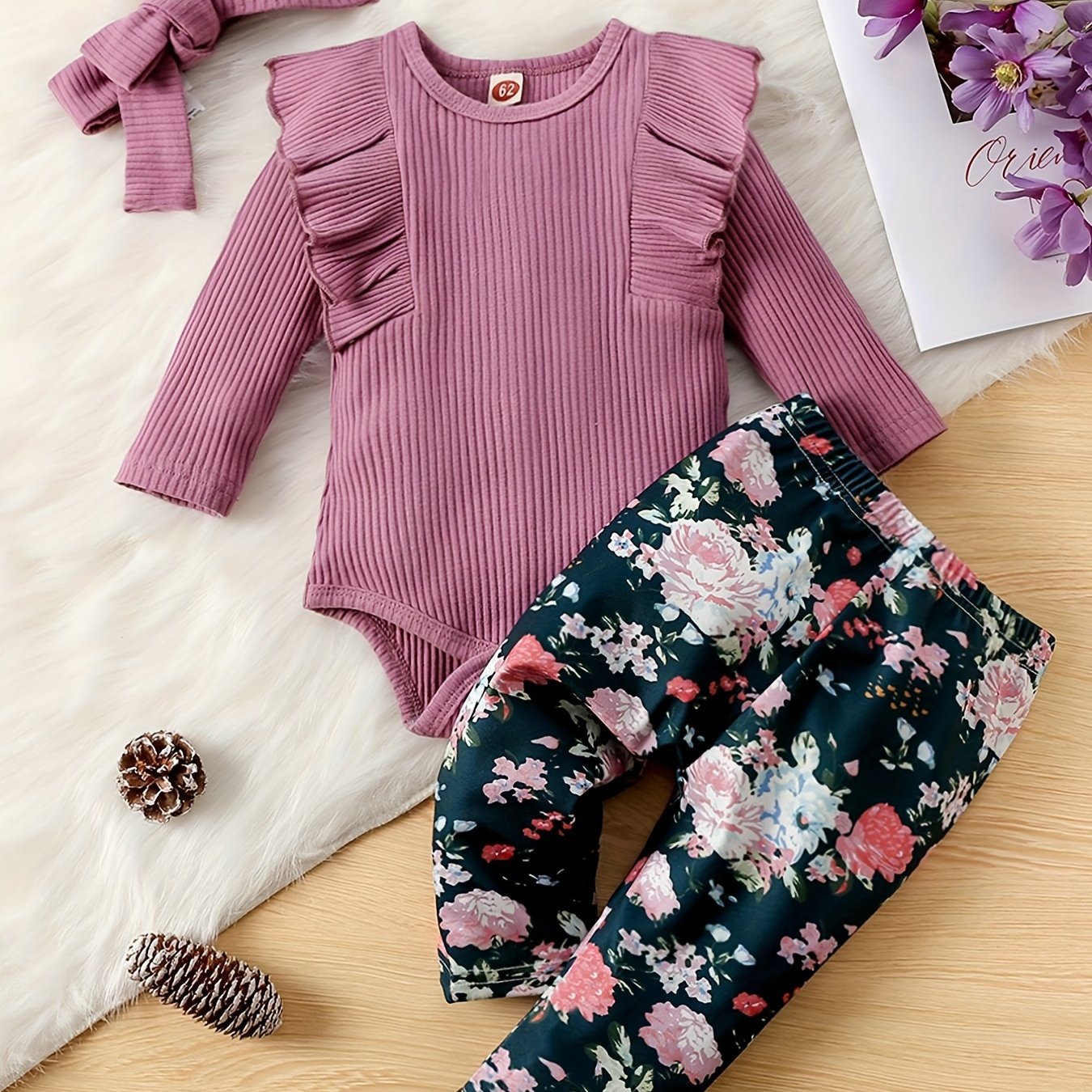 Baby Girls Ruffle Trim Bodysuit Floral Pants Set Outfit