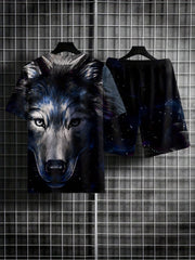 3D Wolf Print Men's 2Pcs Outfits Crew Neck Short Sleeve T-shirt And Shorts Set