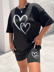 Hearts Print Casual Two piece Set Short Sleeve Drop Shoulder T shirt & Slim Shor
