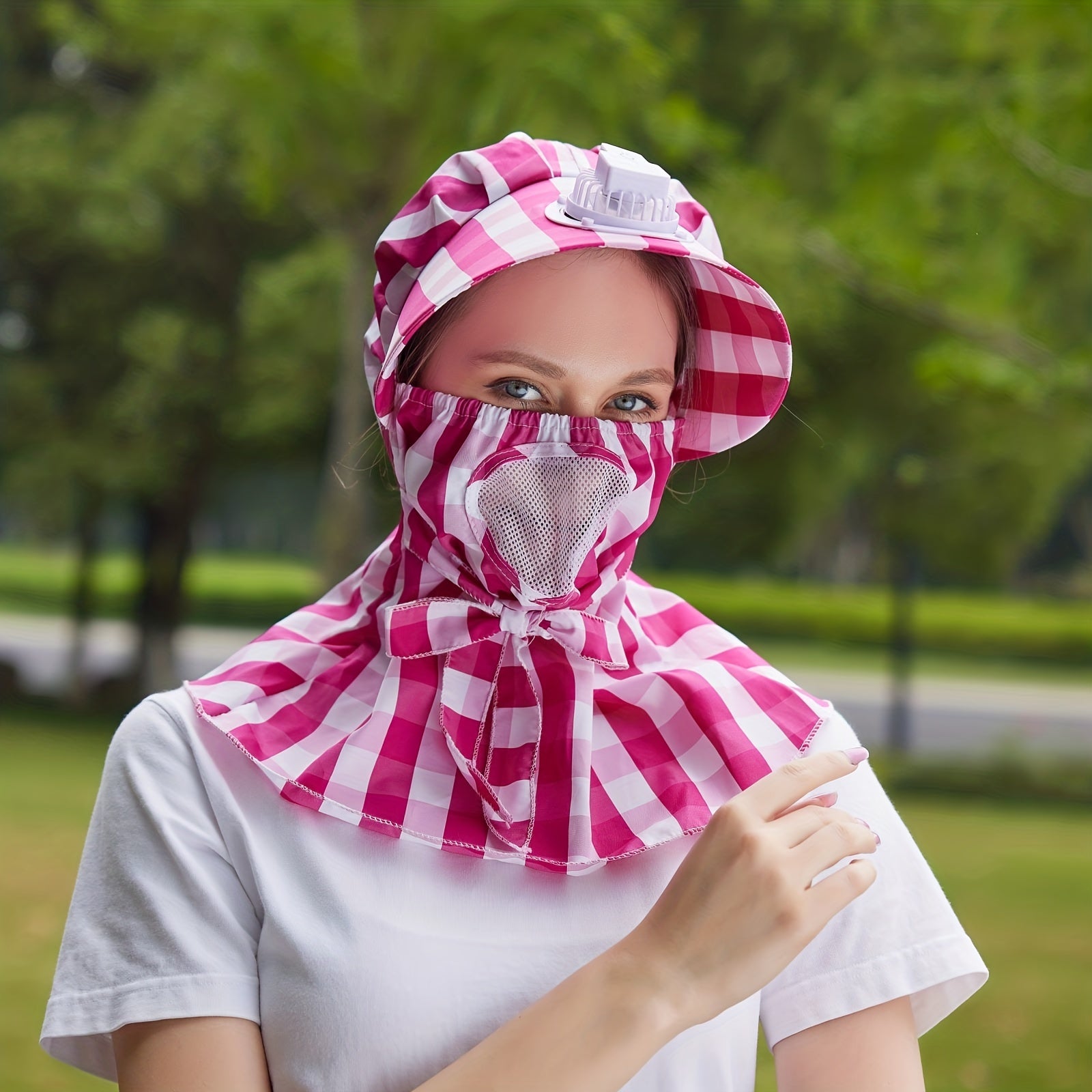 Plaid Pattern UV Fan Sun Hat for Women