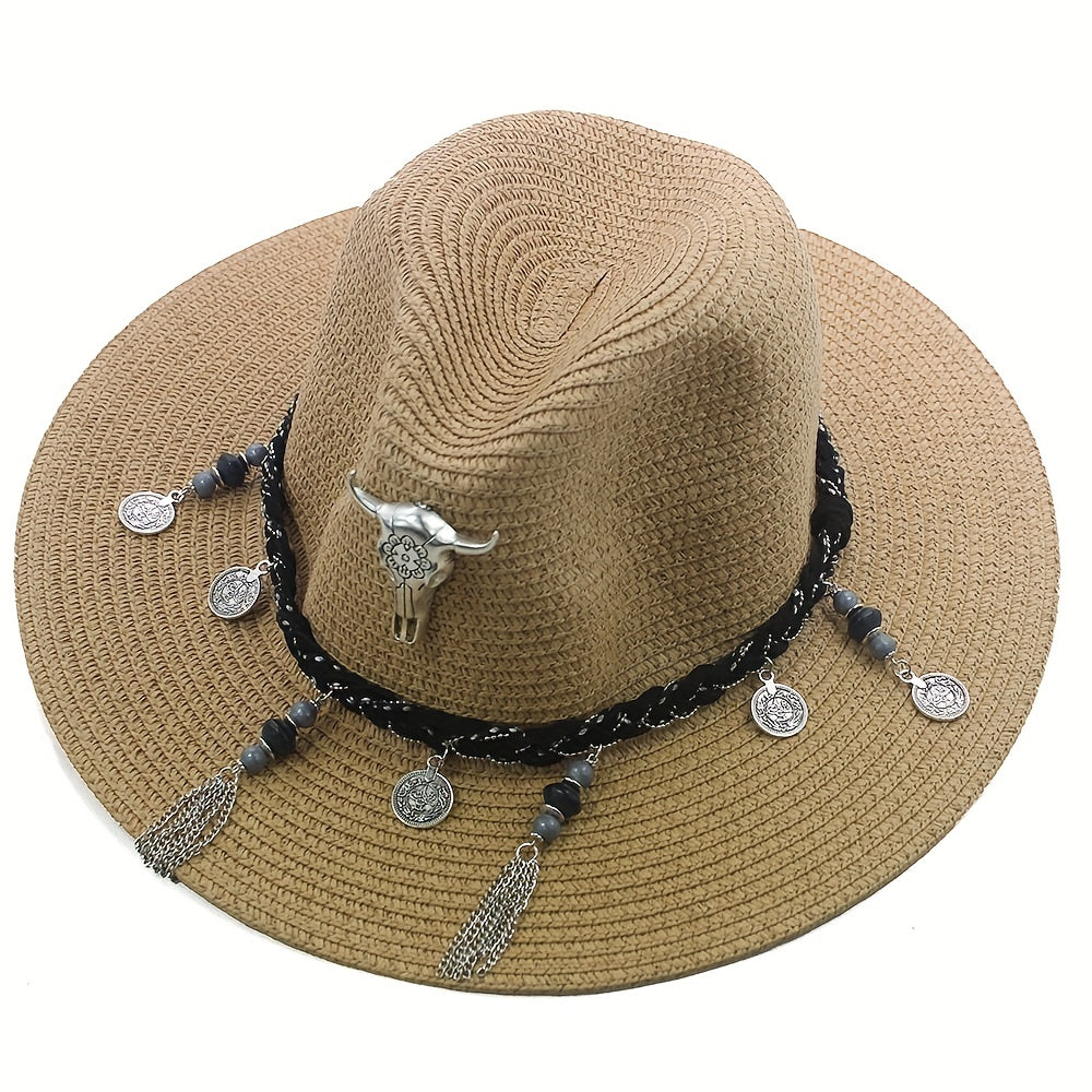 Bohemian Men's Sun Hat with Cow Head Pendant