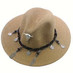 Bohemian Men's Sun Hat with Cow Head Pendant