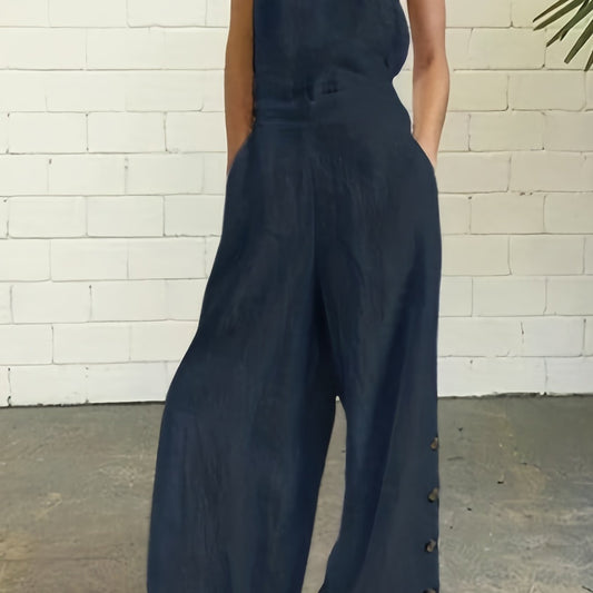 Solid Button Overall Jumpsuit Women's Plus