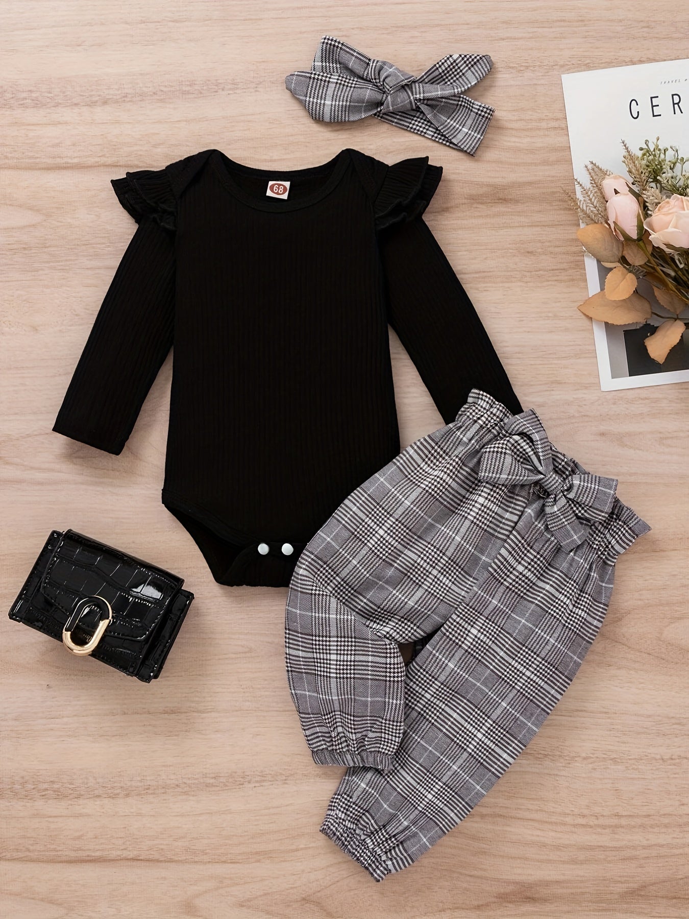 Baby Girls Long Sleeve Romper Top Plaid Trousers Set