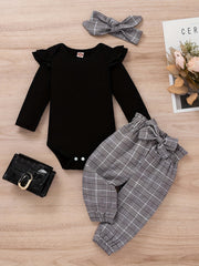 Baby Girls Long Sleeve Romper Top Plaid Trousers Set