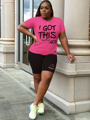Women's Slogan Print Top & Cut Out Shorts Set