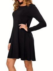 Solid Dress Casual Crew Neck Long Sleeve Versatile Dress