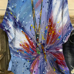 Tie Dye Butterfly Print Round Neck Short Sleeve Blouse