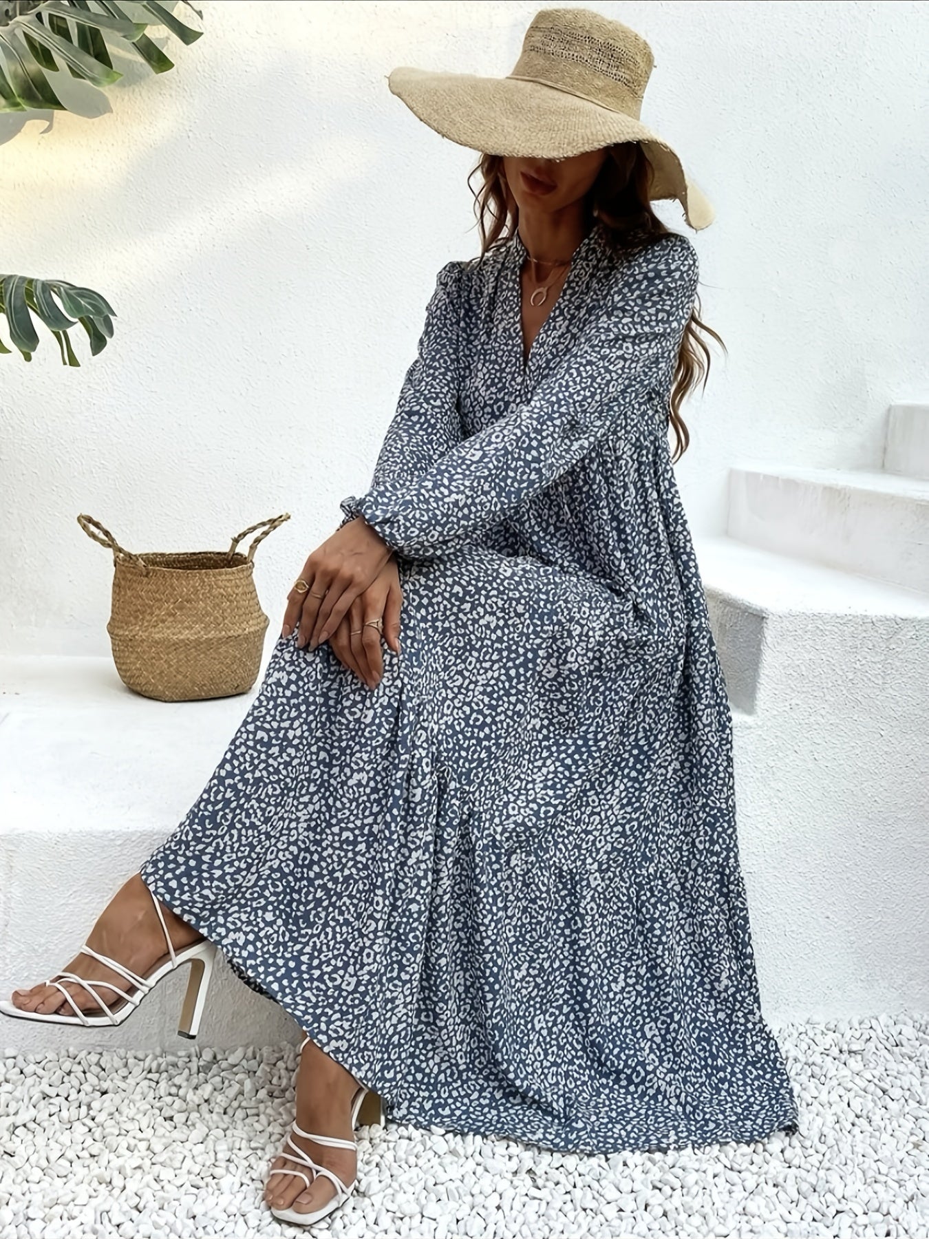 Leopard Print Maxi Dress Boho V Neck Lantern Sleeve Dress