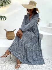 Leopard Print Maxi Dress Boho V Neck Lantern Sleeve Dress