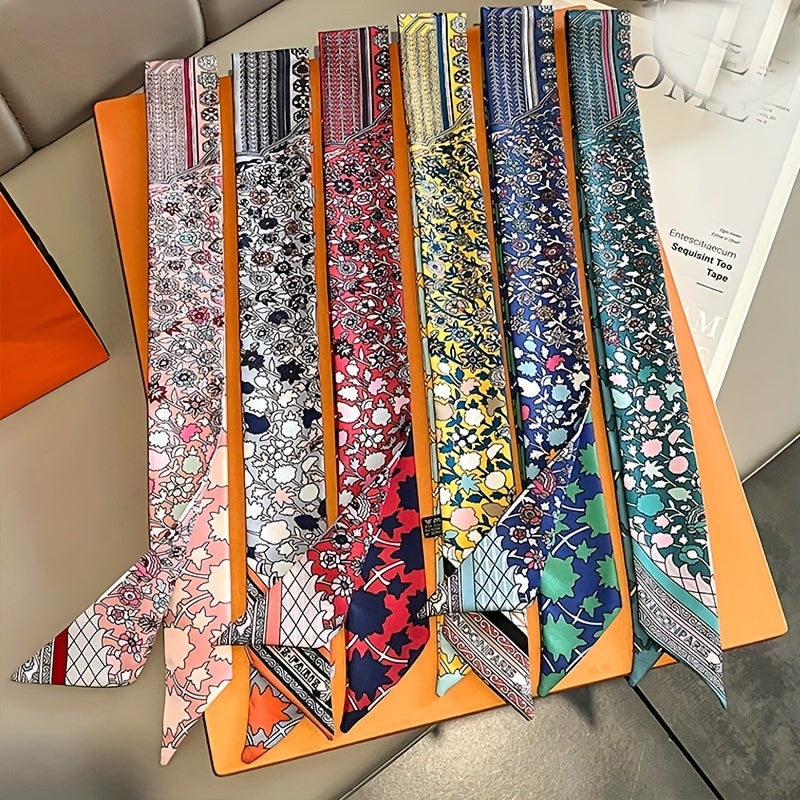 Vintage Floral Print Skinny Scarf Ribbon Neck Tie